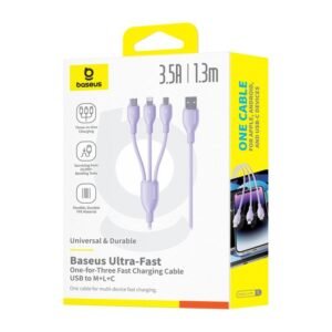 Kabllo Karikimi Baseus Ultra Fast 3-në-1 USB në M+L+C – Fuqi 3.5A, Gjatësi 1.3 Metra