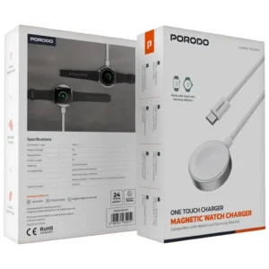 Karikues Magnetik Smartwatch Porodo One Touch – Me Kabllo USB-C 1 Metër, Fuqi 2.5W, Ngjyrë e Bardhë